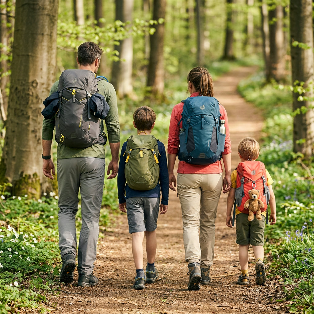 Familie von hinten mit vier verschiedenen Wanderrucksäcken auf einem sonnigen Waldweg im Frühling