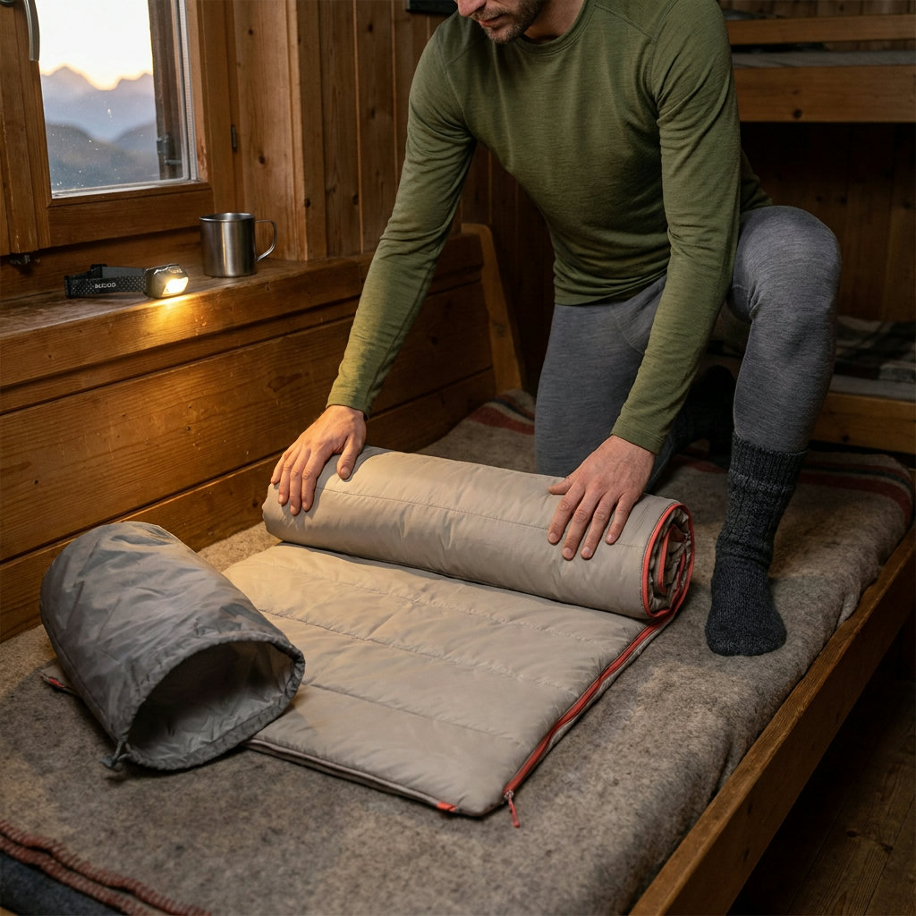 Trekkingfan rollt im Abendlicht einen rechteckigen, dünnen Hüttenschlafsack auf einem Holzbett in der Berghütte aus