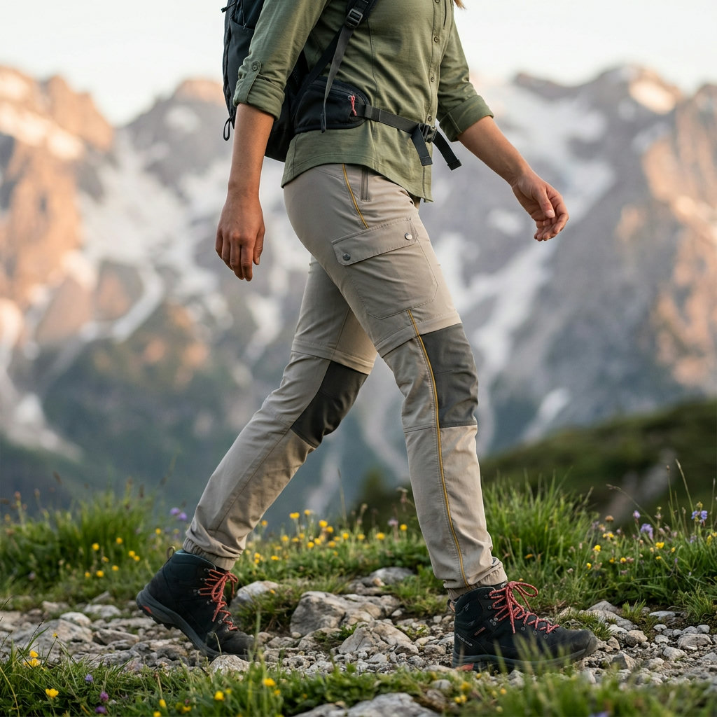 Wanderin in moderner technischer Trekkinghose mit Zip-off-Beinen auf einem alpinen Frühlingsweg
