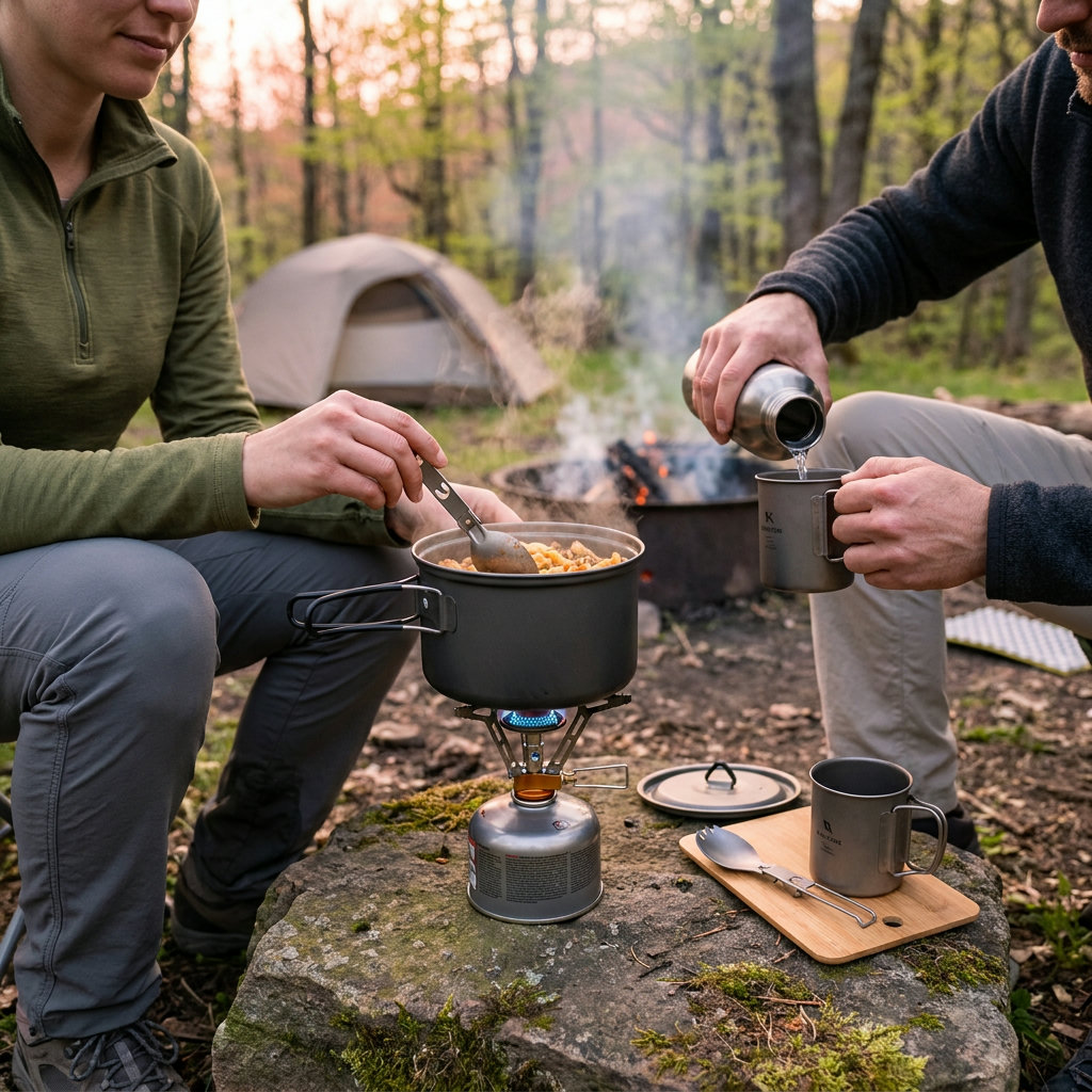 Zwei Camper kochen am Campingplatz im Abendlicht auf einem leichten Backpacking-Kocher