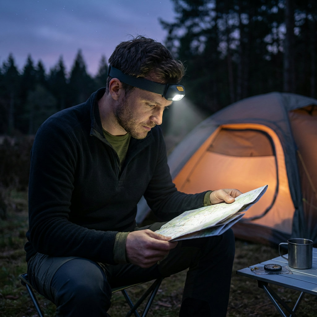 Camper mit moderner LED-Stirnlampe liest in der Dämmerung am Zelt eine Wanderkarte