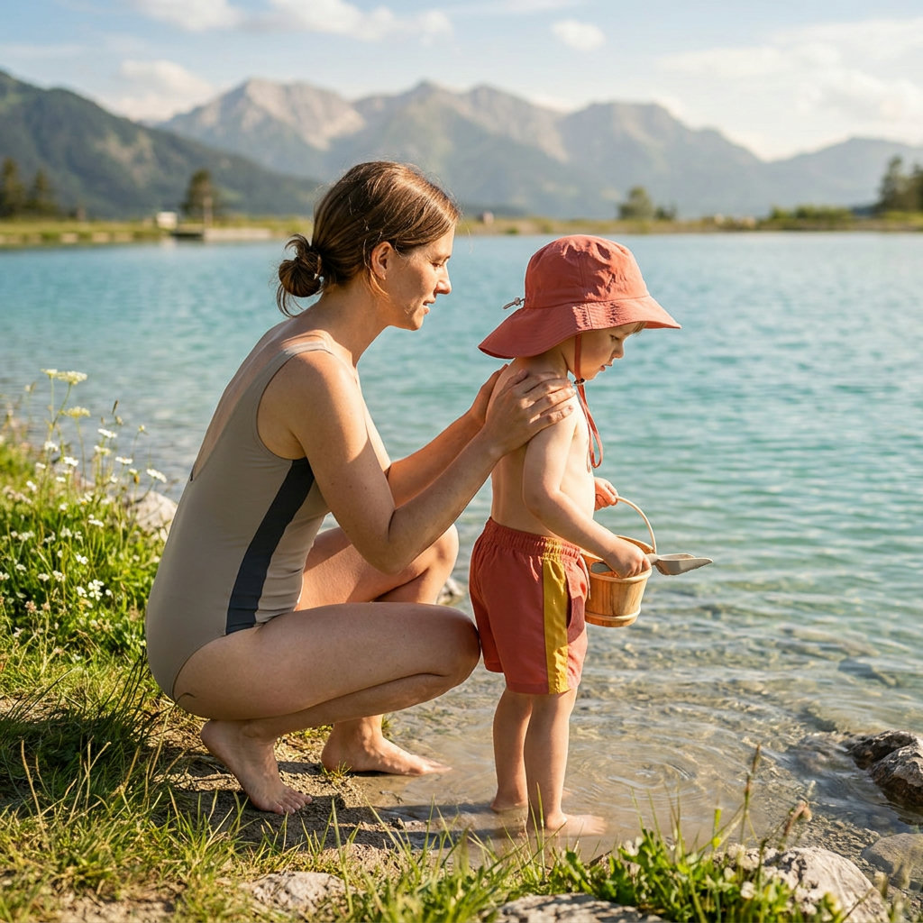 Mutter und Kind mit UV-Sonnenhut und Badeshorts am Ufer eines Alpensees in der Frühlingssonne