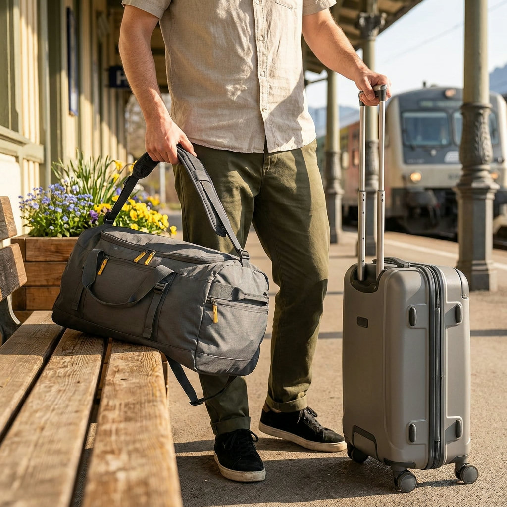 Reisender stellt einen Weekender auf eine Bank und hält einen Trolleykoffer am Bahnsteig