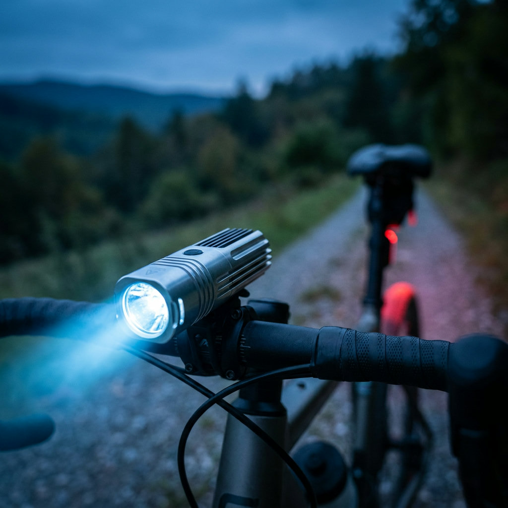 Moderne Front-Fahrradlampe am Lenker eines Gravelbikes in der Dämmerung