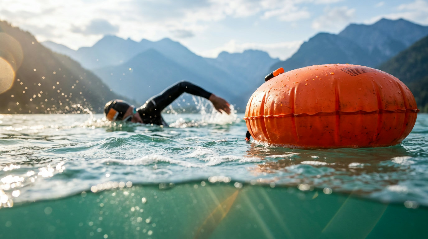 Orange tow float drifting on a turquoise mountain lake, a swimmer in a wetsuit behind it
