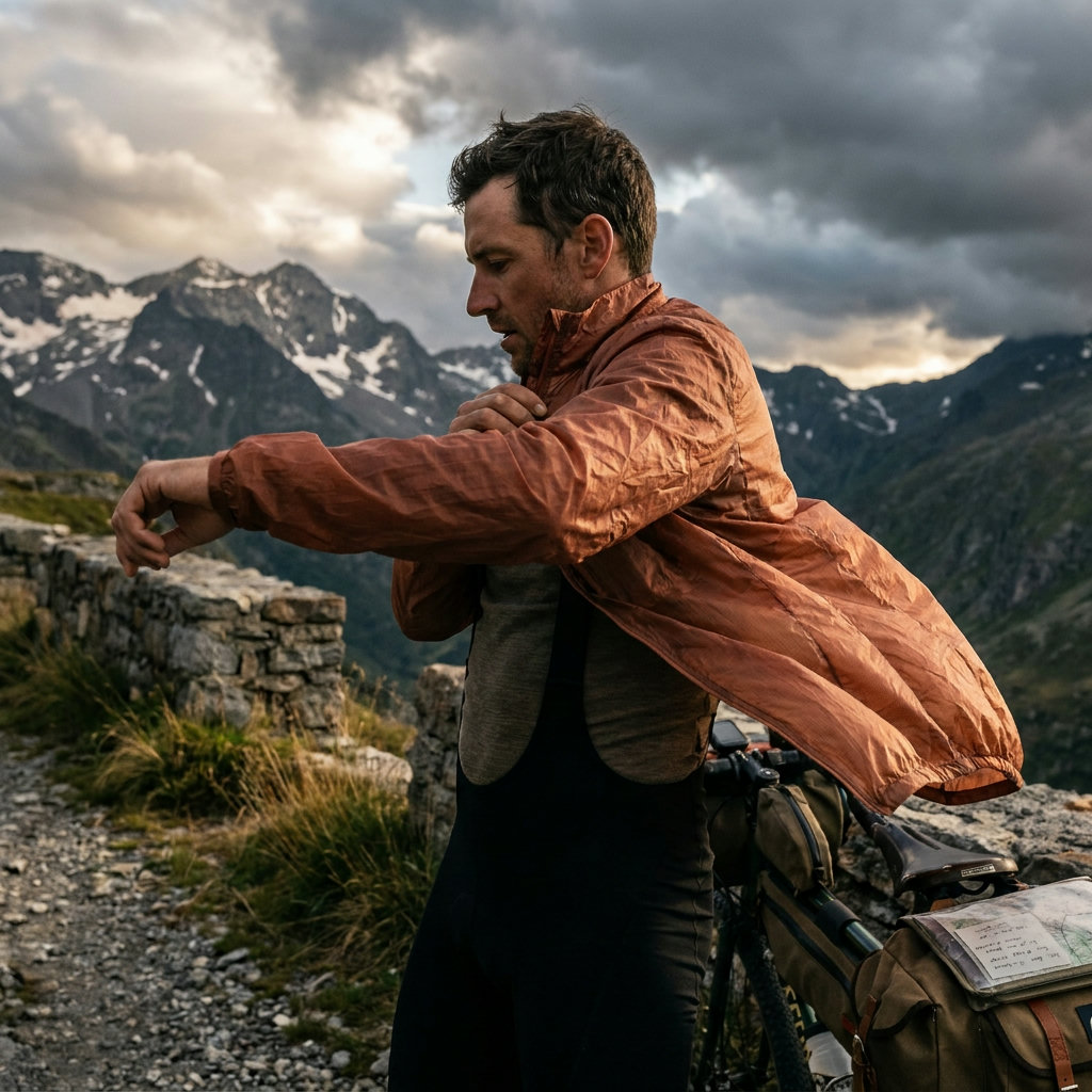 Radfahrer zieht auf einem Bergpass eine Windjacke über, dramatische Wolken im Hintergrund