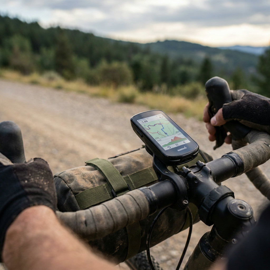 GPS-Bike-Computer am Lenker mit Routenkarte – Detailaufnahme