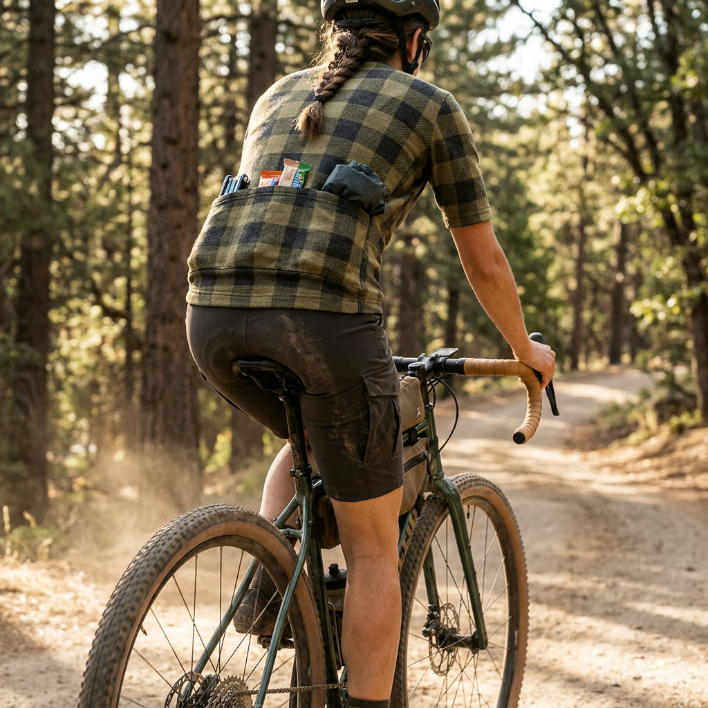 Gravel-Radfahrerin von hinten in einem Trikot mit gefüllten Rückentaschen auf einem Waldweg