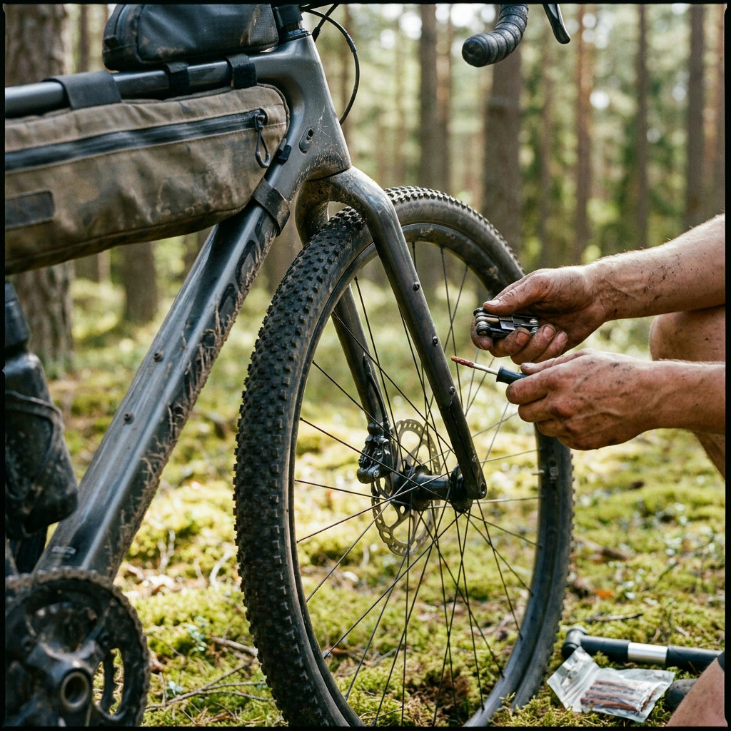 Hände reparieren einen Reifen am Gravelbike mit Multitool und Plug-Kit – Action-Detail