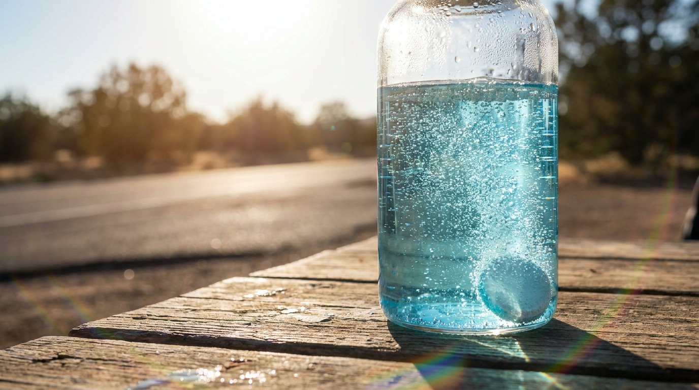 An electrolyte tablet dissolving in a glass of water, bubbles rising, summer heat in the background