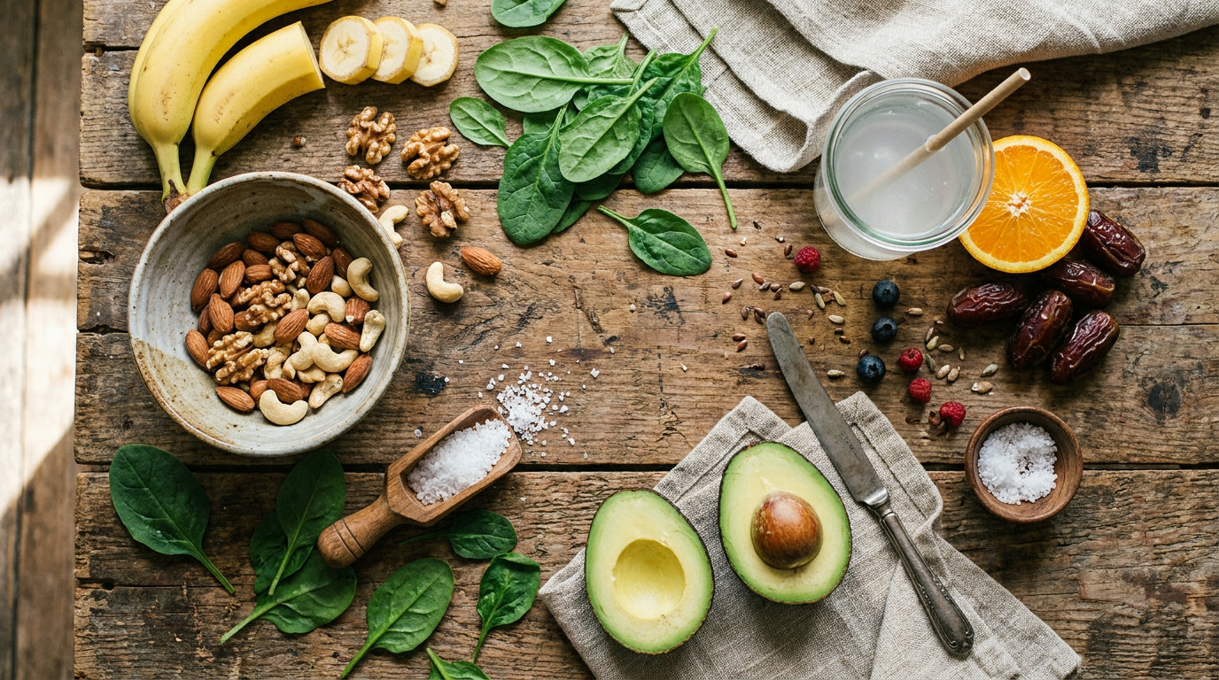 Electrolyte-rich foods on a wooden table: bananas, nuts, spinach, avocado, sea salt, coconut water