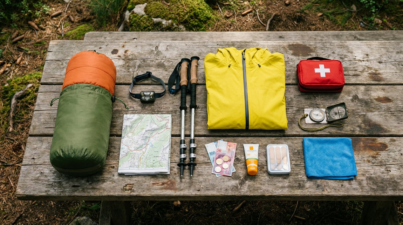 Hüttentouren-Ausrüstung ausgebreitet: Hüttenschlafsack, Stirnlampe, Regenjacke, Erste-Hilfe-Set und weitere Gegenstände auf einem Holztisch