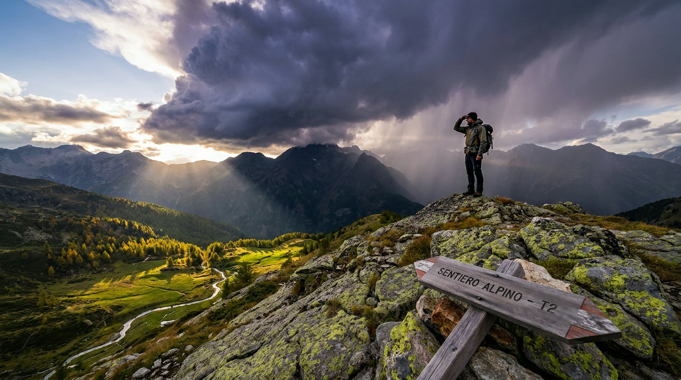Aufziehendes Gewitter über einem Alpengrat – ein Wanderer beobachtet die herannahende Wetterfront