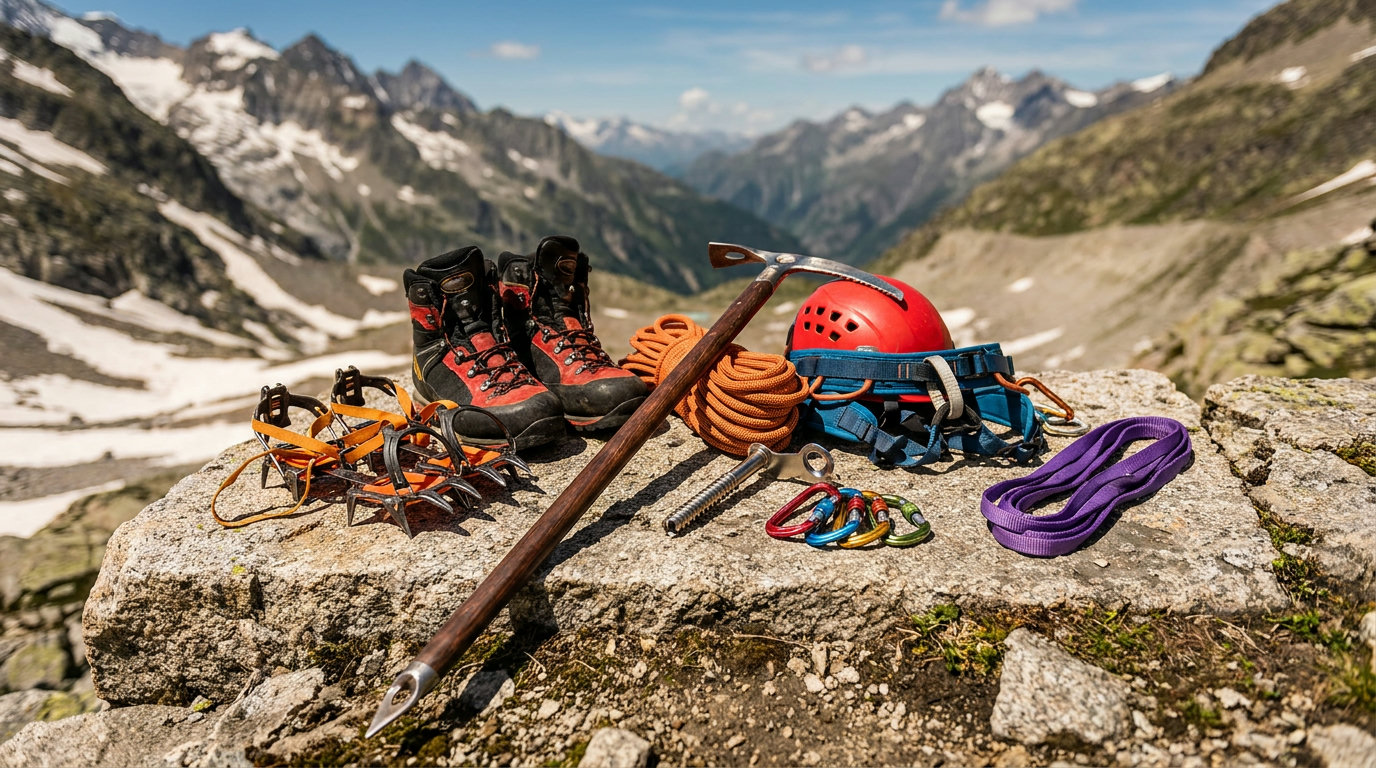 Hochtouren-Ausrüstung übersichtlich arrangiert: Bergschuh, Steigeisen, Pickel, Helm, Gurt, Seil, Eisschraube, Karabiner
