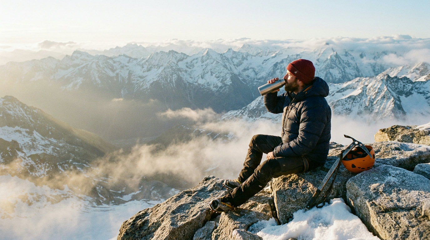 Bergsteiger sitzt erschöpft auf einem Felsvorsprung in 4000 Metern Höhe, trinkt aus einer Isolierflasche, im Hintergrund schneebedeckte Alpengipfel