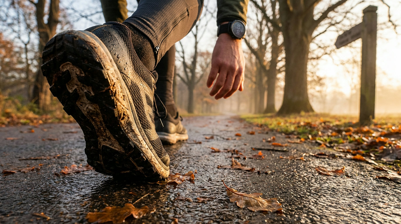 Trainer on a tarmac path with a smartwatch showing a three-minute timer
