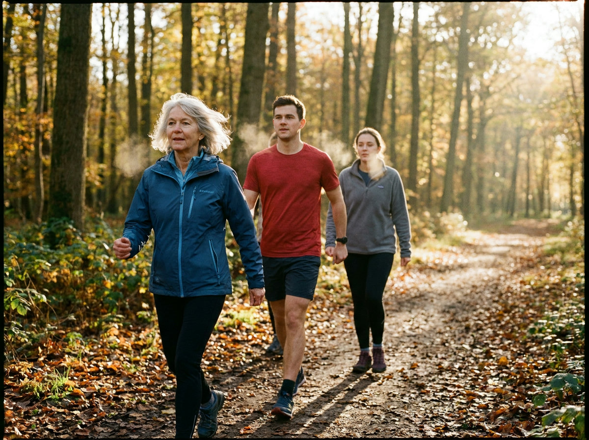Three people of different ages walking briskly together on a forest path