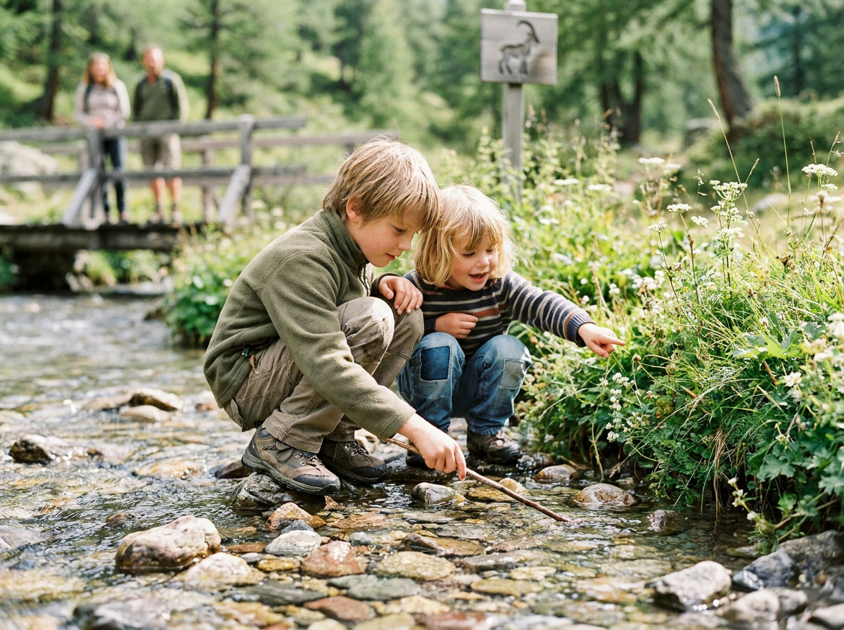 Two children study a mountain stream at the side of the path on a family hike