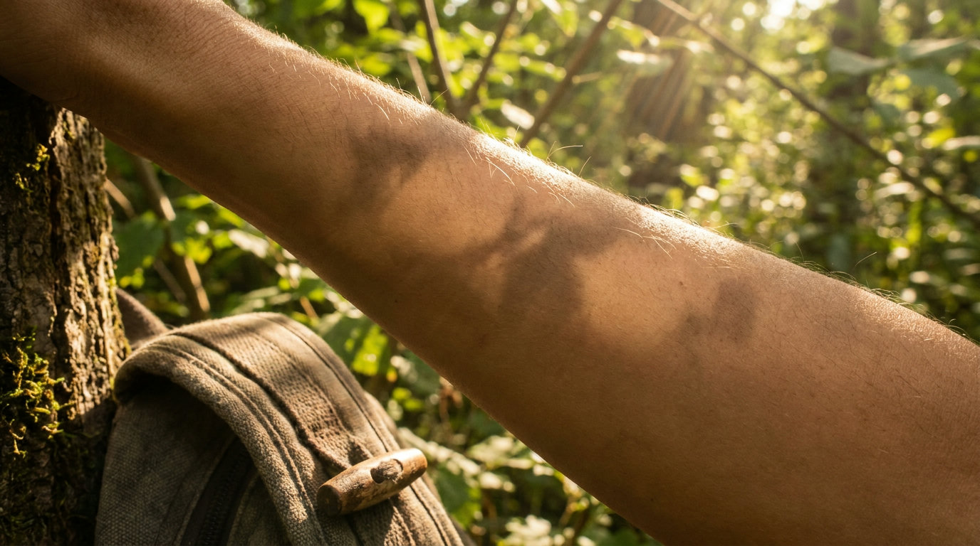 Nackter Unterarm im warmen Sonnenlicht mit Blätterschatten auf der Haut
