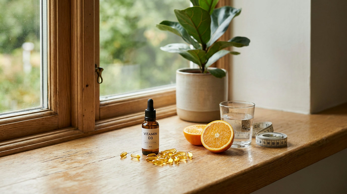 Vitamin-D-Tropfen und Kapseln neben Orange und Wasserglas auf hellem Holztisch