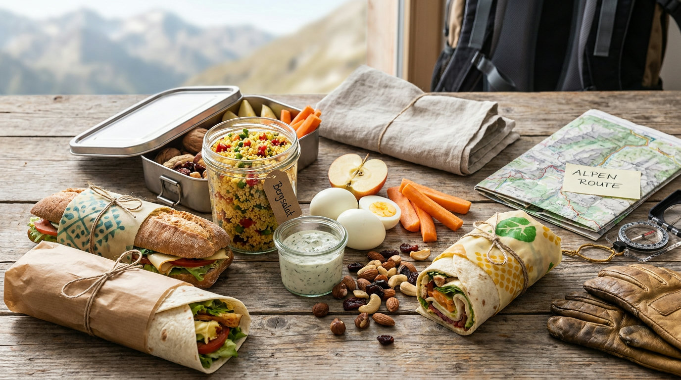 Bergtaugliche Picknick-Verpflegung: Wraps, Salat im Schraubglas, Eier und Obst auf Holz