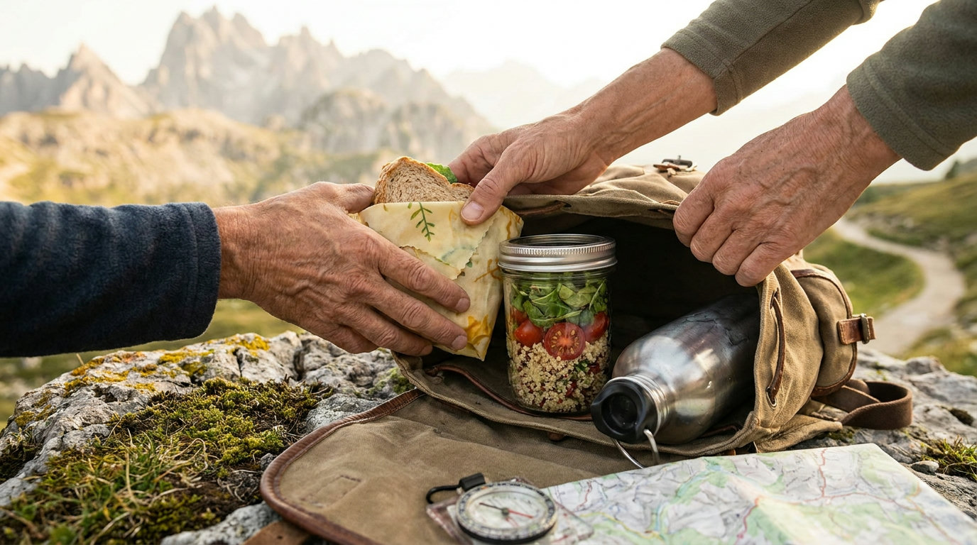 Hands packing a sandwich wrapped in a beeswax wrap into a hiking rucksack