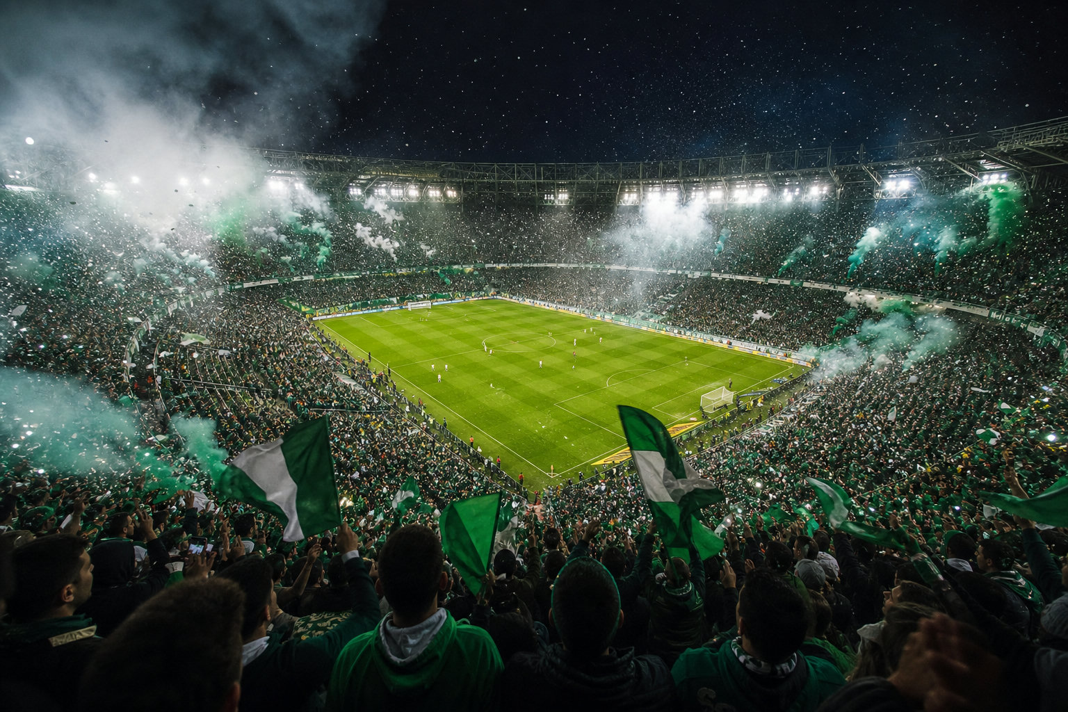 Ausverkauftes Stadion bei Flutlicht zum WM-Eröffnungsspiel, tobende Fans und Konfetti über dem Rasen