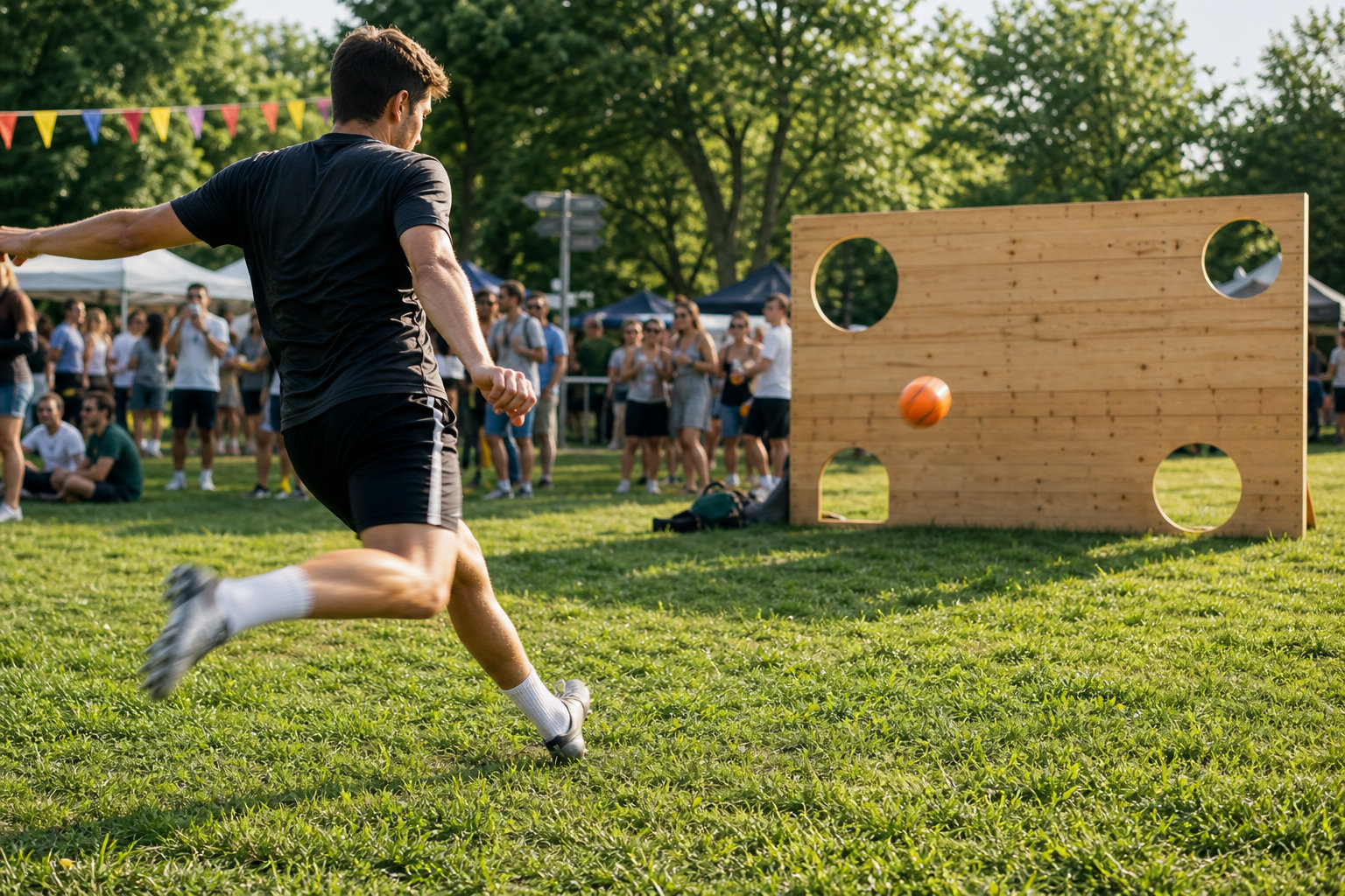 Junger Amateurspieler schießt bei einem Sommer-Fußballfest auf eine Torwand mit runden Löchern