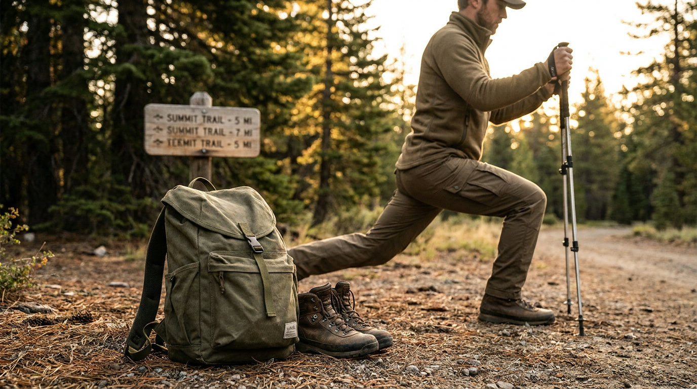 A hiker performing a dynamic lunge with poles at the start of a mountain tour