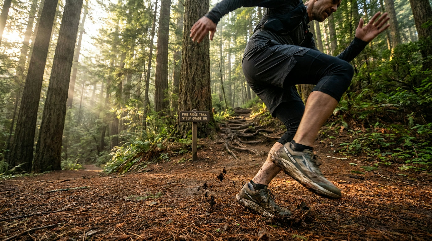 A trail runner doing high knees as activation on a flat forest track