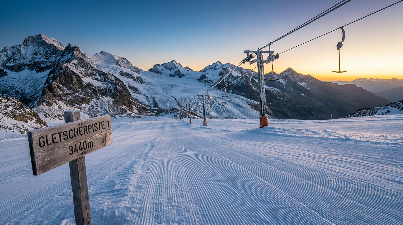 Empty groomed glacier piste in the early morning above 3,000 metres