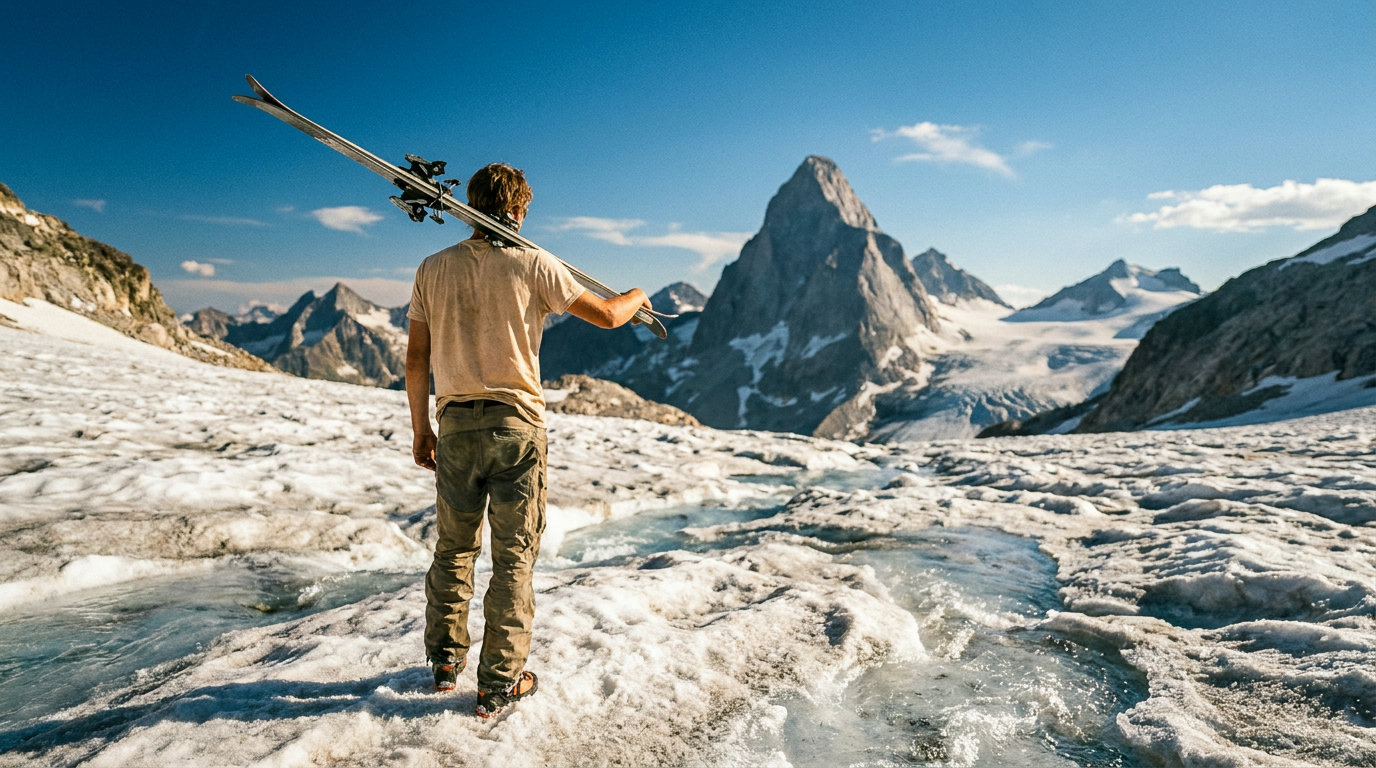 Skier on a glacier looking towards a striking pyramid-shaped rock peak