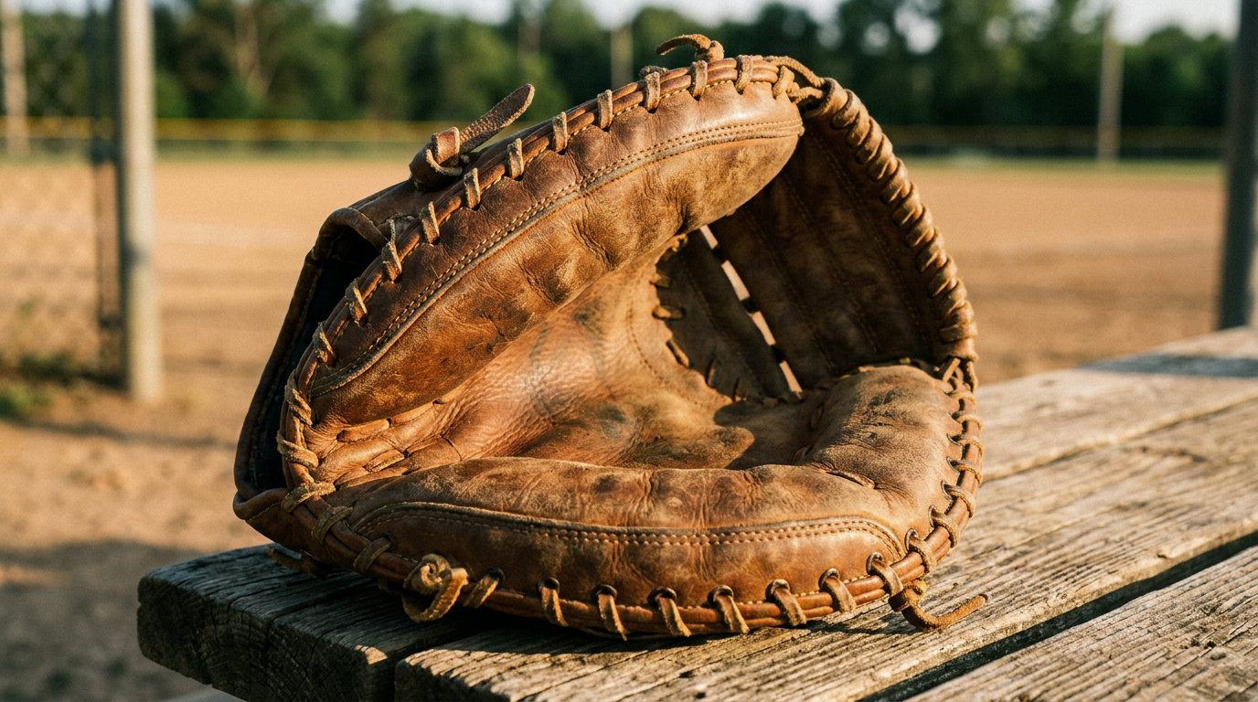 Close-up of a well-worn brown leather baseball catcher's mitt