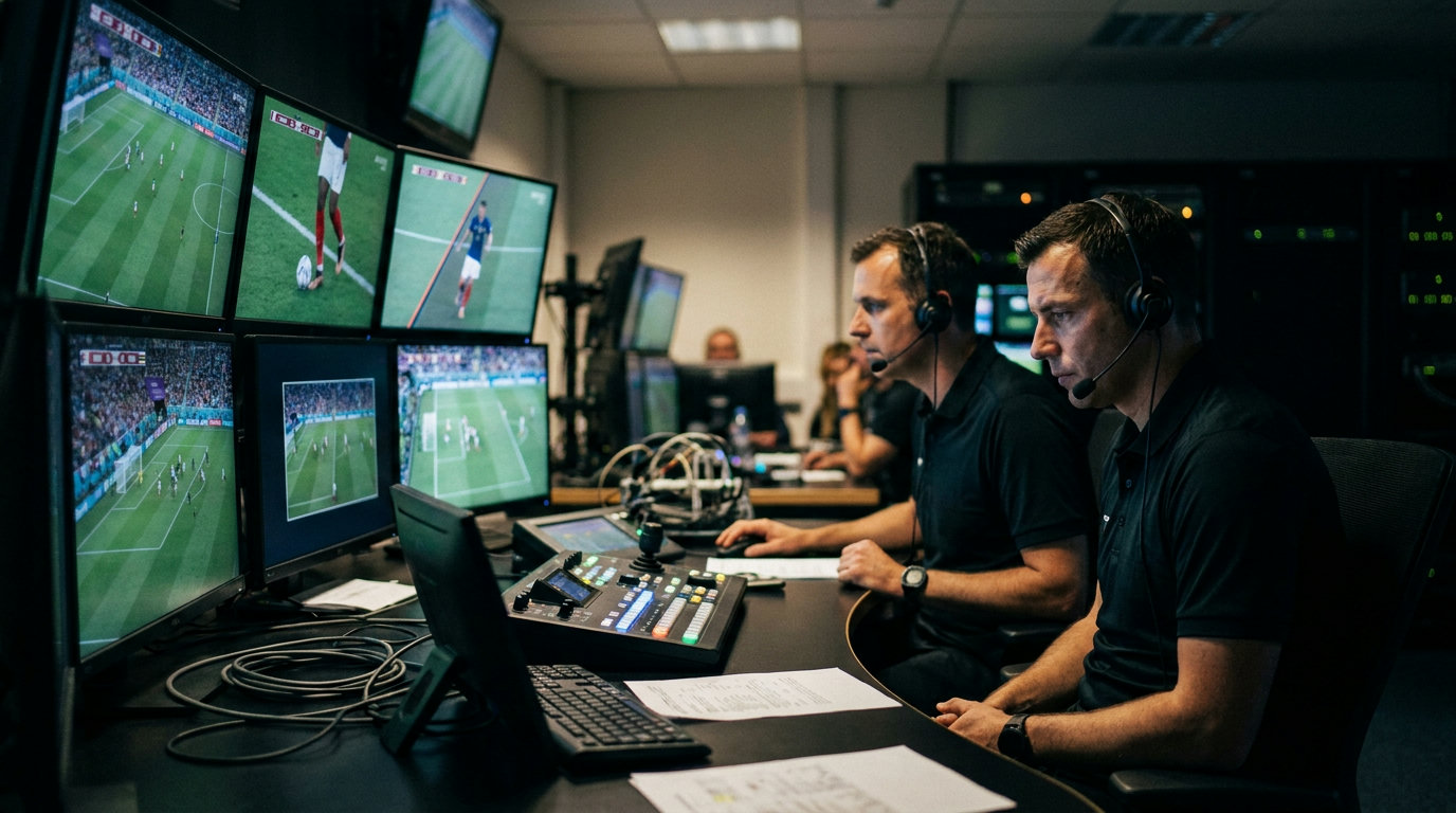 Twee videoassistent-scheidsrechters zitten voor meerdere schermen in de VAR-centrale en beoordelen verschillende camerastandpunten van een spelsituatie
