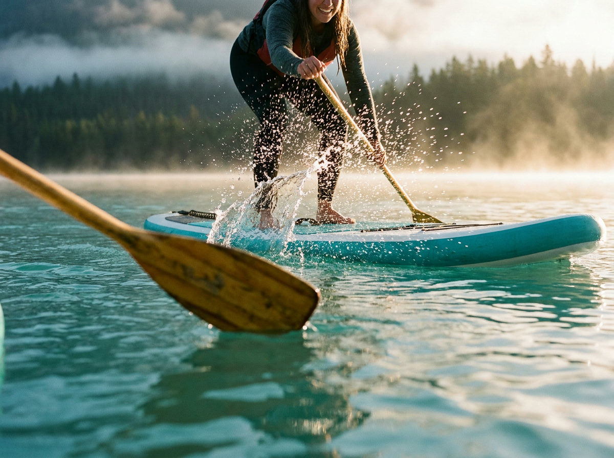 Person balancing on a stand-up paddle board on a calm turquoise lake in morning mist, focused and smiling