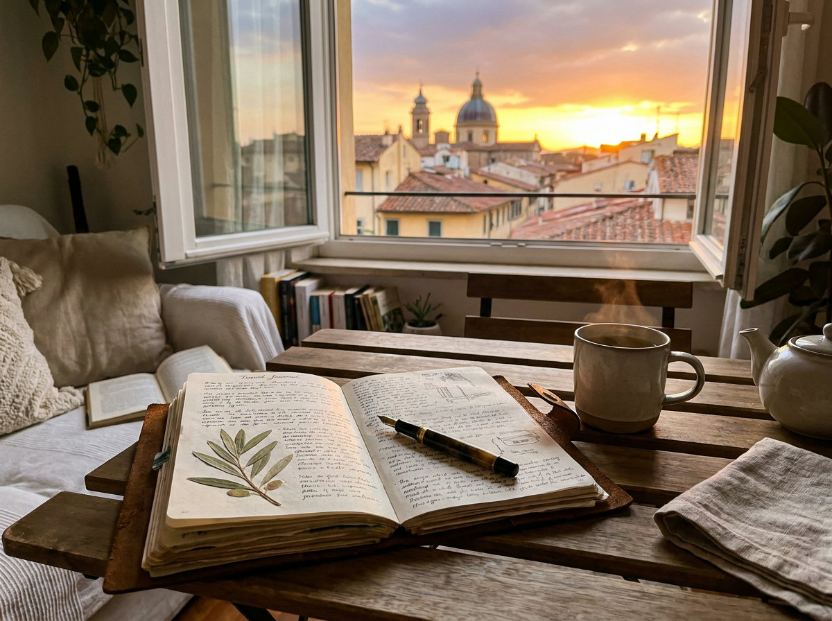 Open travel journal with handwritten notes beside a steaming cup of herbal tea on a bistro table, sunset over a small town behind