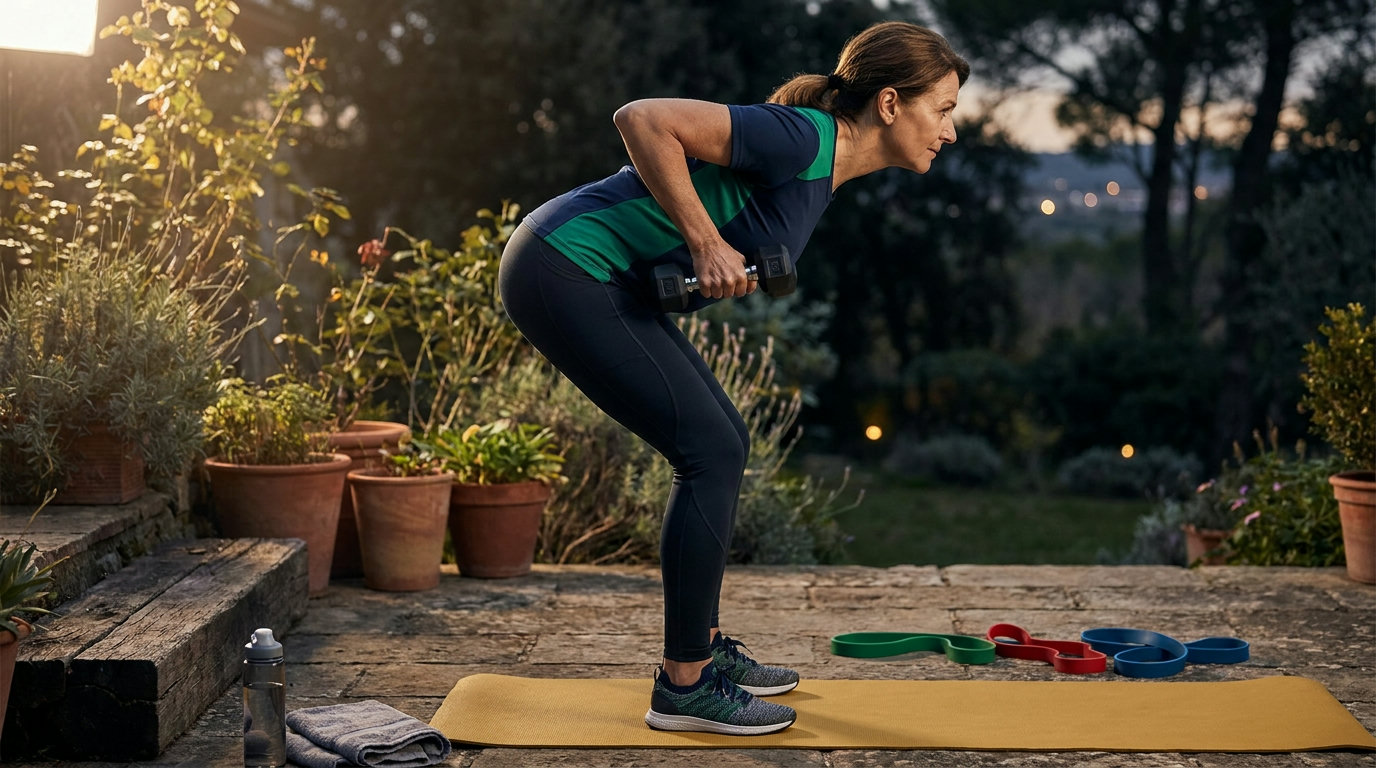 A woman trains with dumbbells in the shade on a terrace in the evening as an alternative to running in the heat