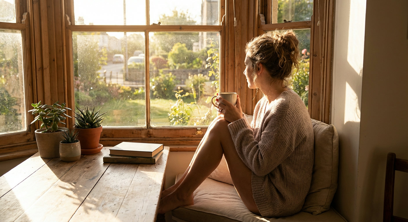 Frau sitzt morgens mit einer Tasse Kaffee am Fenster und schaut ins natürliche Tageslicht