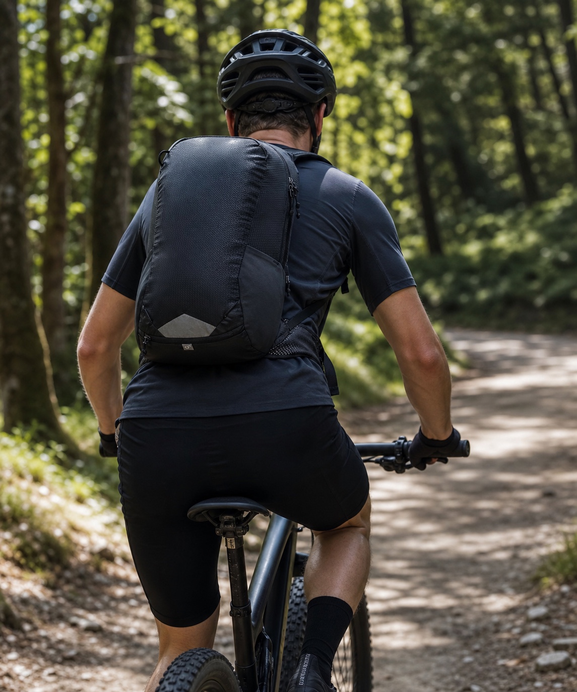 Deuter Race 16 while mountain biking on a forest trail