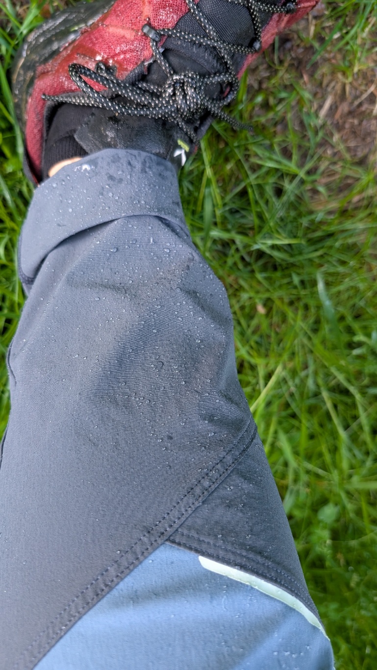 Water beading on the Karpos Rock EVO Pants during the rain test